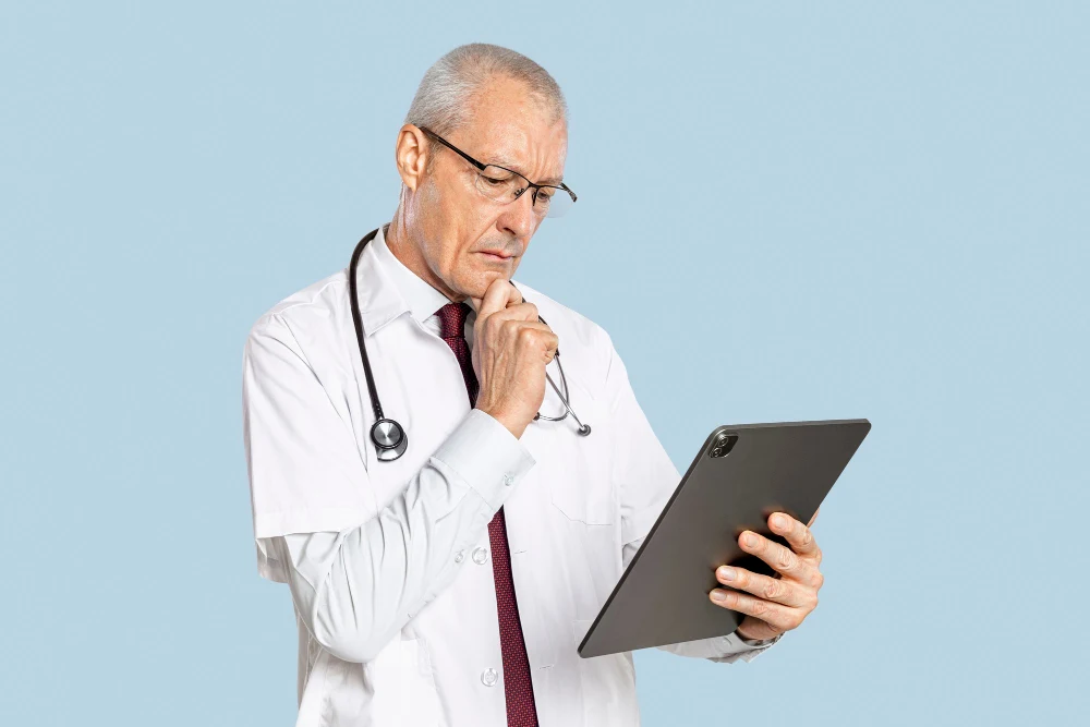 Médico revisando indicadores de gestión de pacientes en una tablet